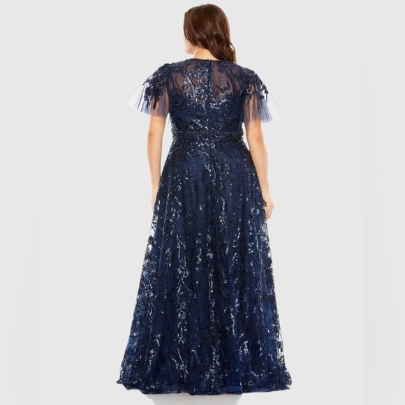 Mac Duggal 20469 NWT Navy High Neck Flutter Sleeve Embellished A-Line Gown - Picture 3 of 6